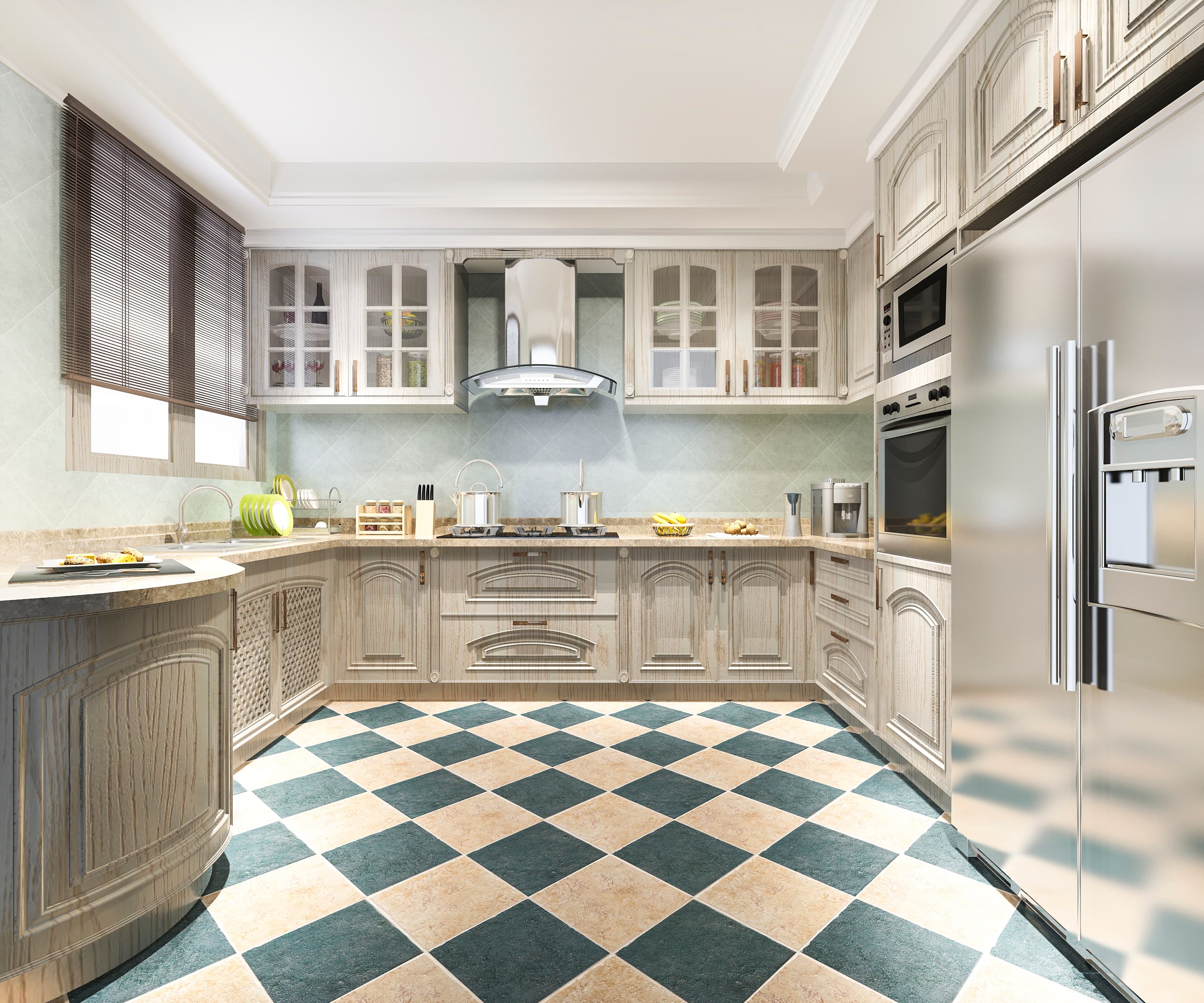 Modern kitchen with checkerd vinyl floor.